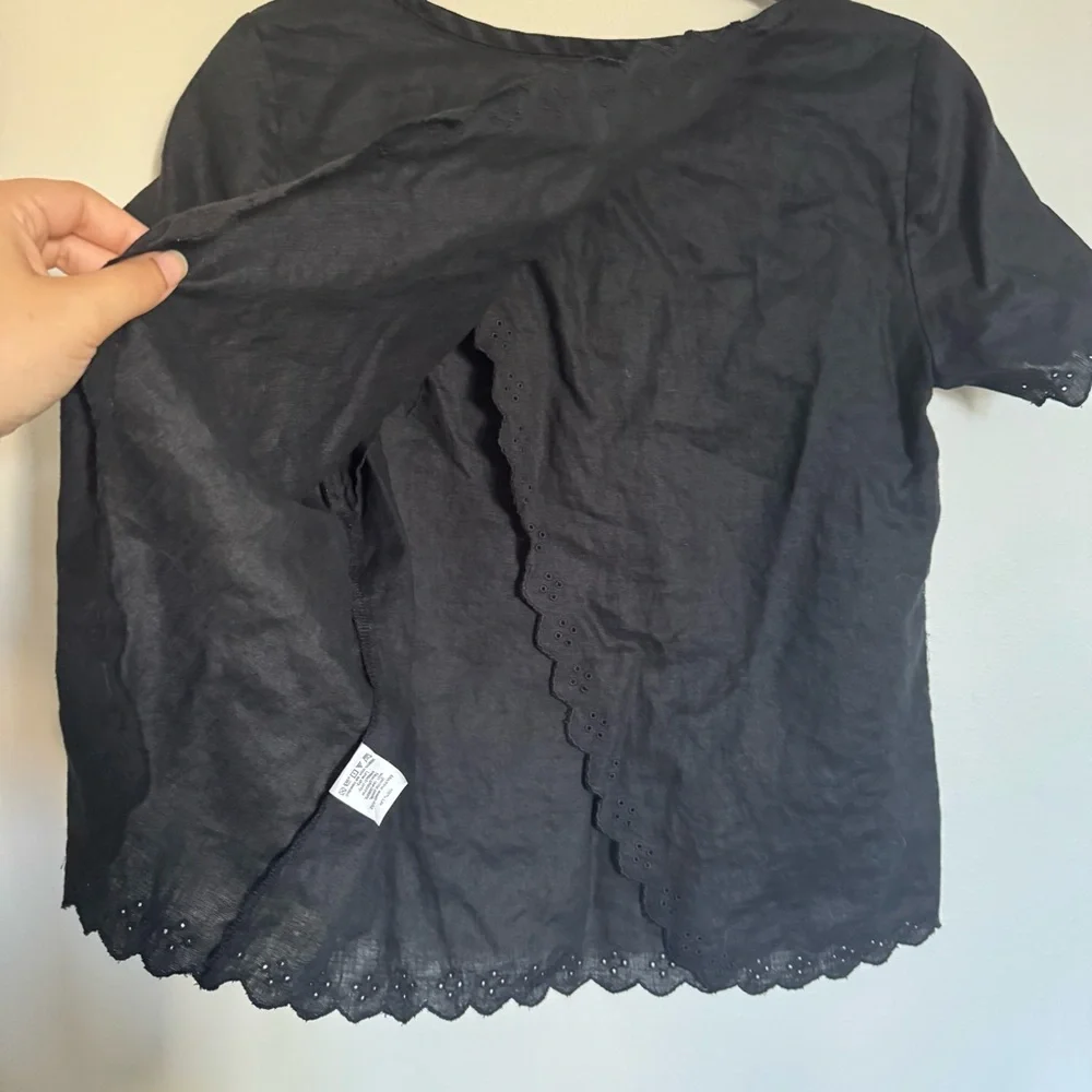 J. Crew Women Size 0 Linen Eyelet Lace Black Cross Open Back Blouse Top